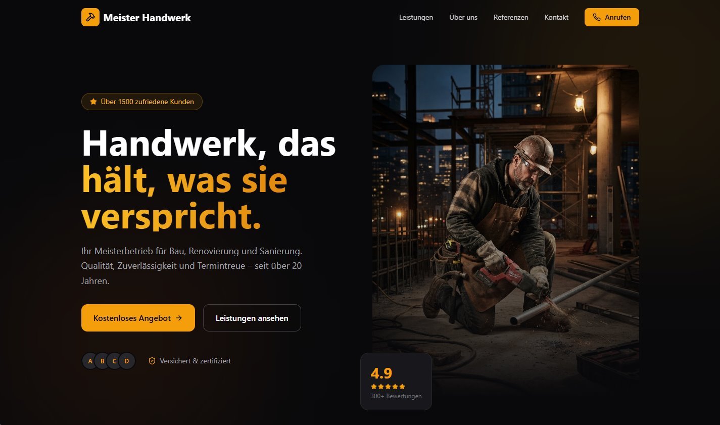 Demo-Design für einen Handwerksbetrieb: dunkles Layout mit orangen Akzenten