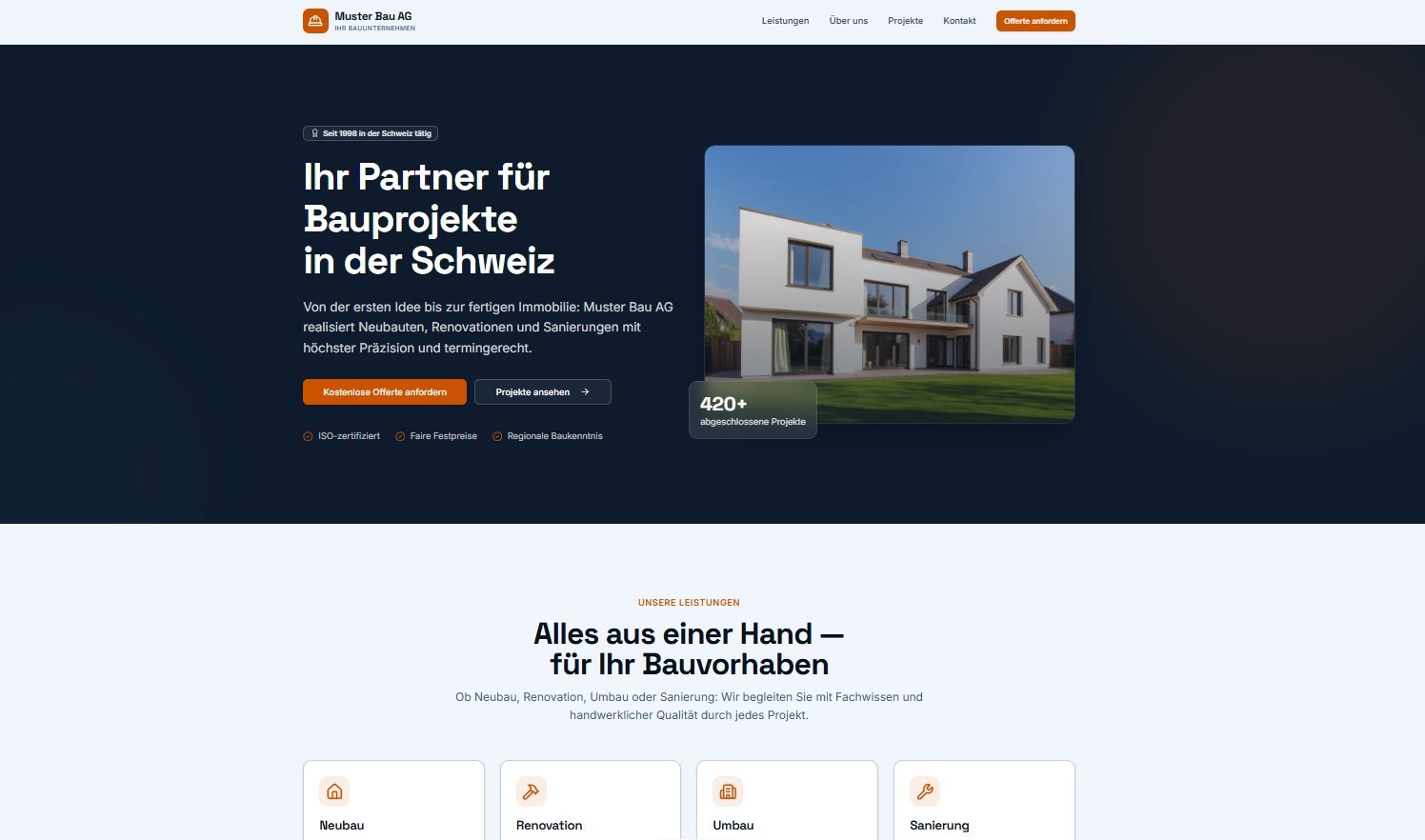 Demo-Design für ein Bauunternehmen: seriöses Layout in Dunkelblau