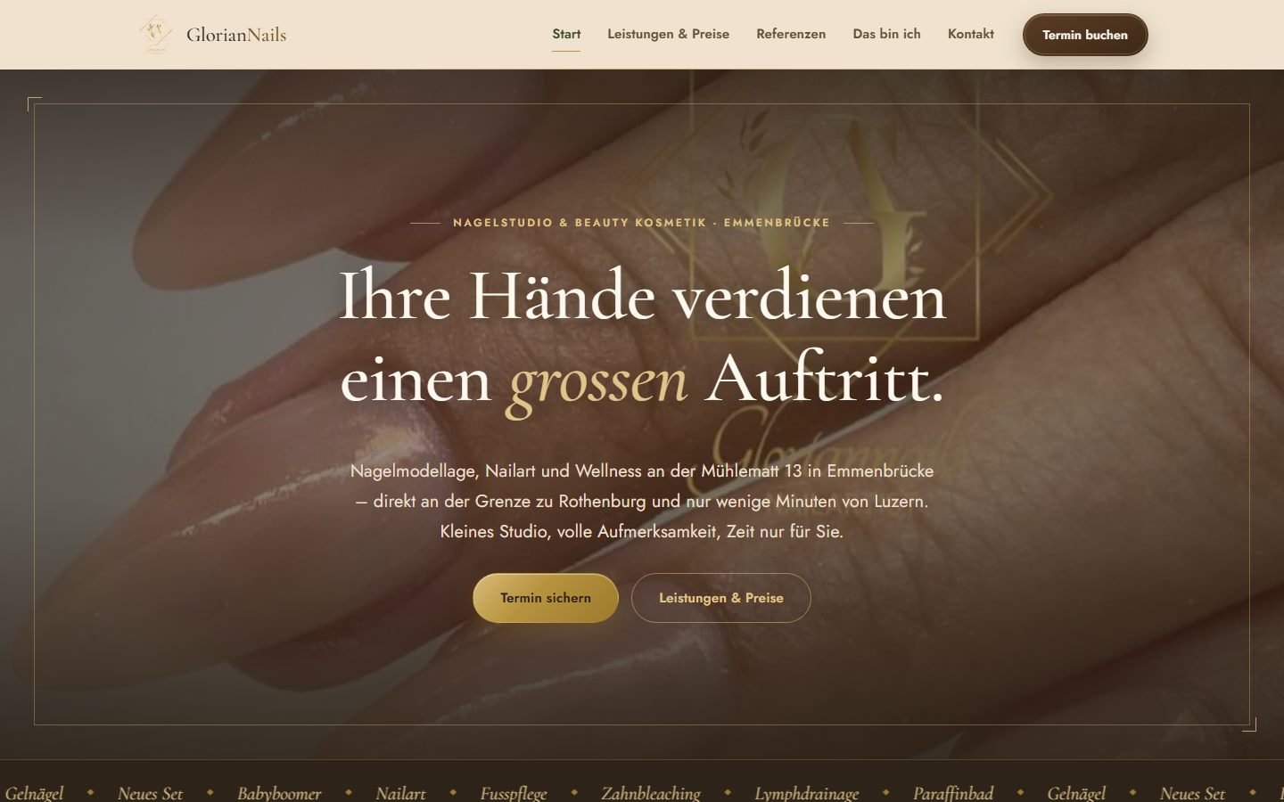 Website für das Nagelstudio GlorianNails in Emmenbrücke: dunkler Auftritt mit goldenen Akzenten